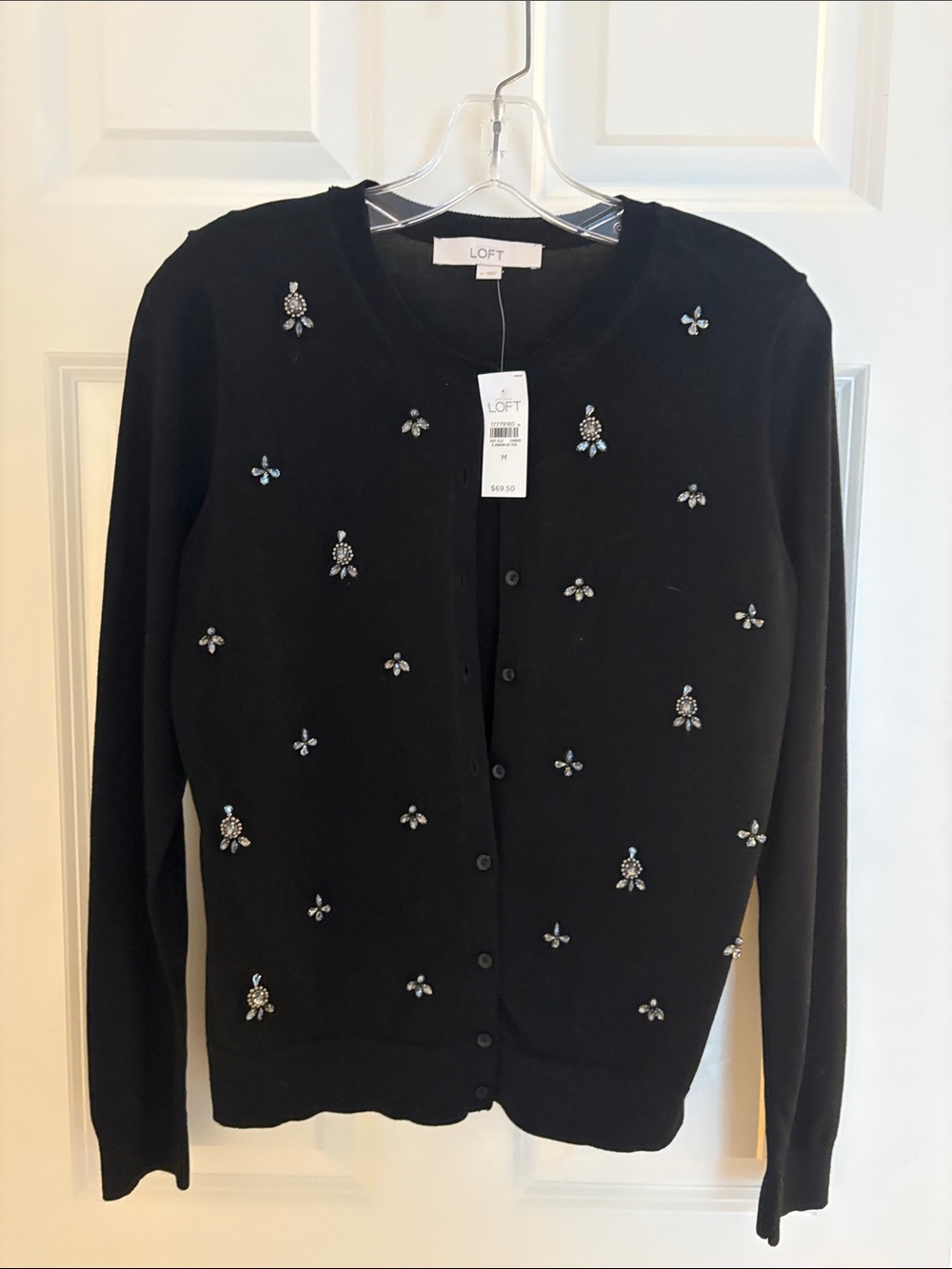 LOFT NWT Black Bejeweled Button-Front Cardigan